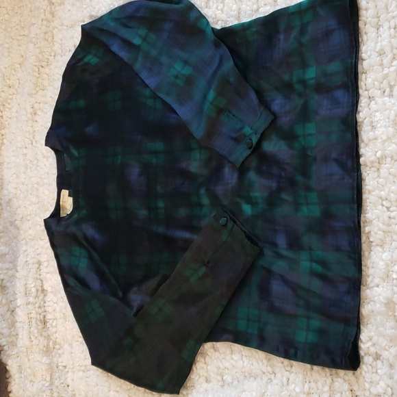 Vintage 90s jones new york 100% silk long sleeve blouse tartan green/navy/black - Picture 1 of 8